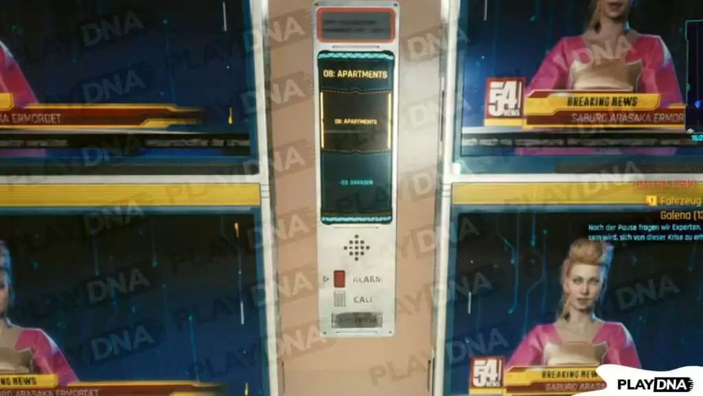 Cyberpunk 2077 Screenshot vom Fahrstuhl der dich in die Garage mit deinen Fahrzeugen bringt